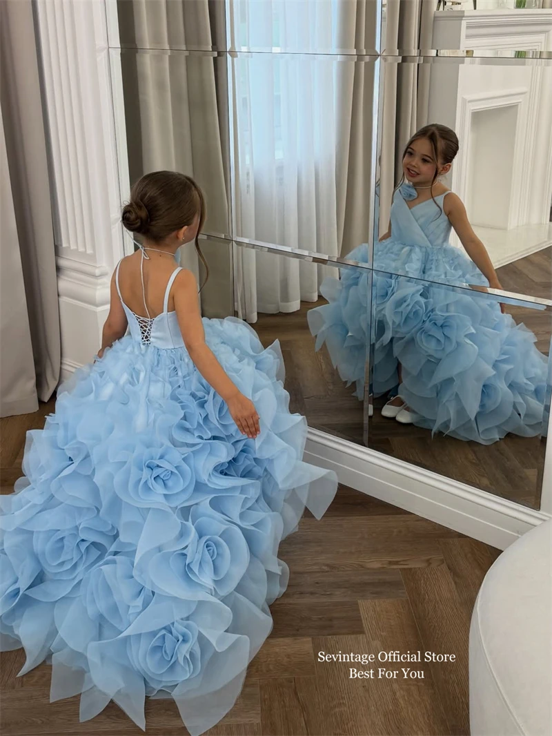 Sevintage Abiti da ragazza con fiori blu carini Abiti da ballo senza maniche con volant carini Abiti da festa di compleanno per bambini per matrimoni personalizzati