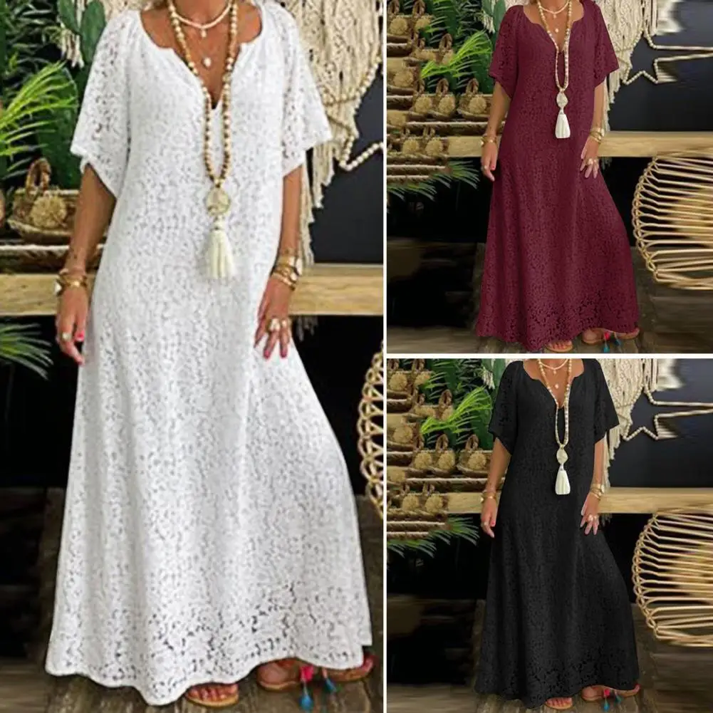 

Women V-neck Dress Elegant Lace V-neck Summer Dress Stunning Embroidered Mid-waist Ladies' Holiday Beachwear Comfortable