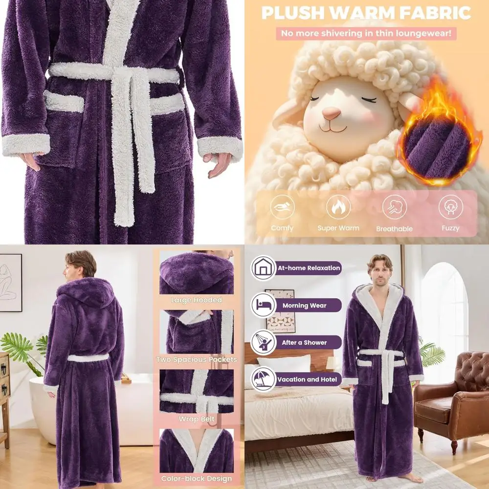 

Full-Length Plush Robes for Men - Large Hooded Fleece Bathrobes, Warm and Cozy for Winter