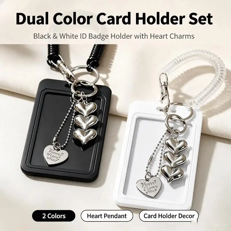 Heart-Shaped ID Card Holder Keychain Work Badge Keyring with Photo Storage Small Card Protector for Office Daily Use