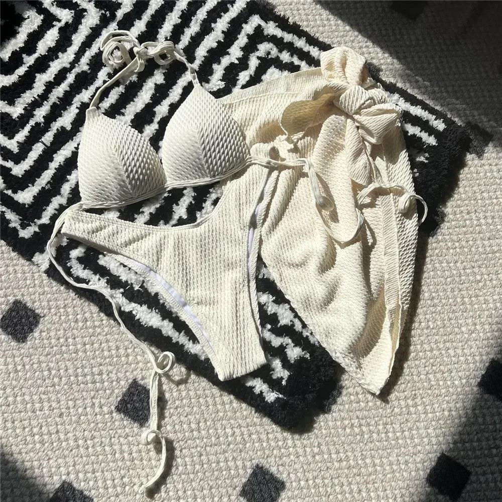 Yellow Push Up Bikinis Sets 3 Pieces Swimwear Cover Up String Halter Sexy Swimsuit Women Beach Swimming Wear Bikinis 2025 Mujer