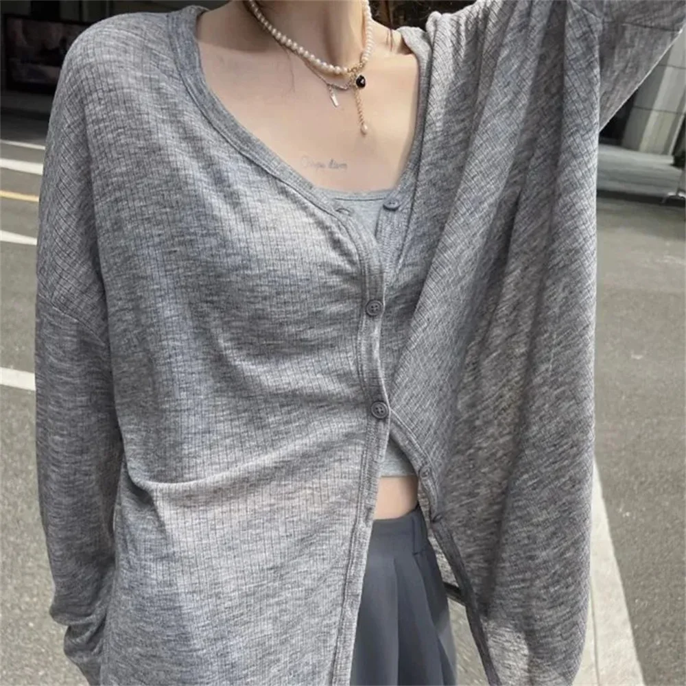 

V-Neck Long Sleeve Cardigan Tops Sun Protection Spring Summer Autumn Y2k Jacket Korean Chic for Casual Daily Outwear Women Thin