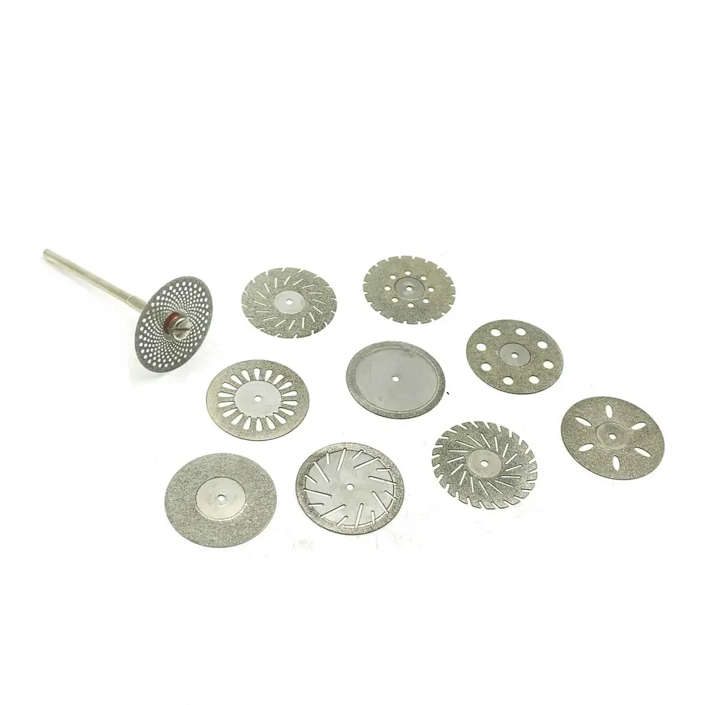 10pcs Dental lab 0.25mm Double Sided Diamond Cutting Disc for separating polishing ceramic crown plaster or jade with 1 mandrel