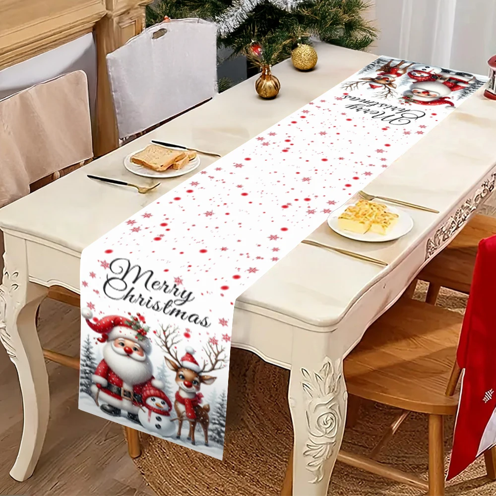 Merry Christmas Santa Snowman Reindeer Table Runner Snow Dot Pattern Farmhouse Xmas Holiday Dining Table Runner Home Christmas