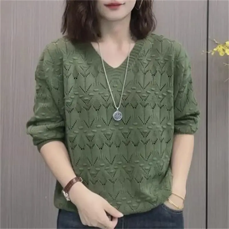 Spring Autumn Crew Neck Long Sleeve Hollow Out Solid Color Women\'s Clothing Pullover Sweater Knitted Casual Loose Vintage Tops