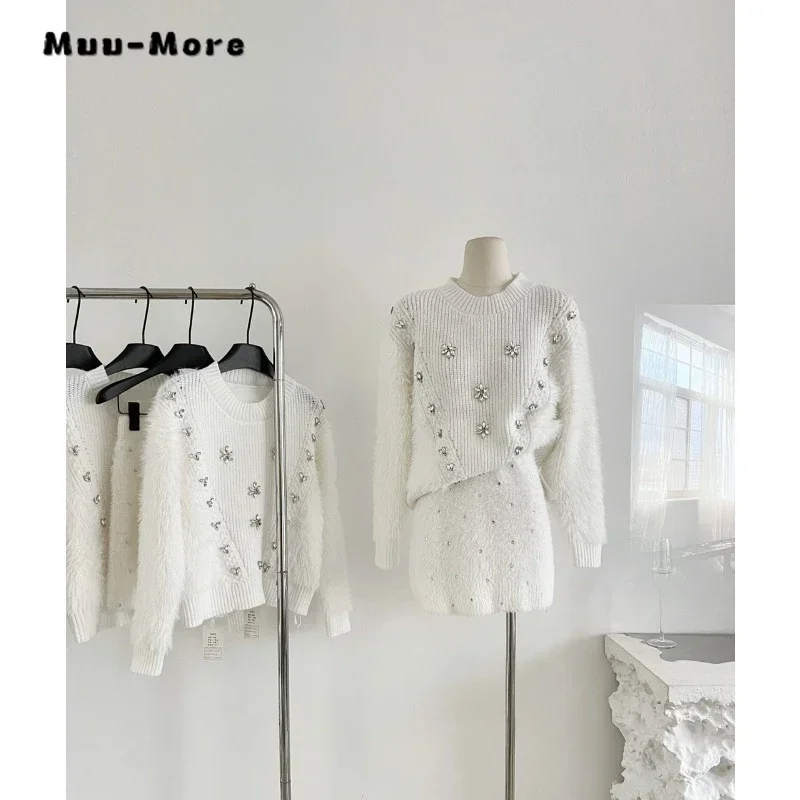 

2023 Winter Elegant Luxury 3D Decoration 2 Piece Set Women Long Sleeve Sweater + A-line Skirt Office Lady Two Piece Skirt Set