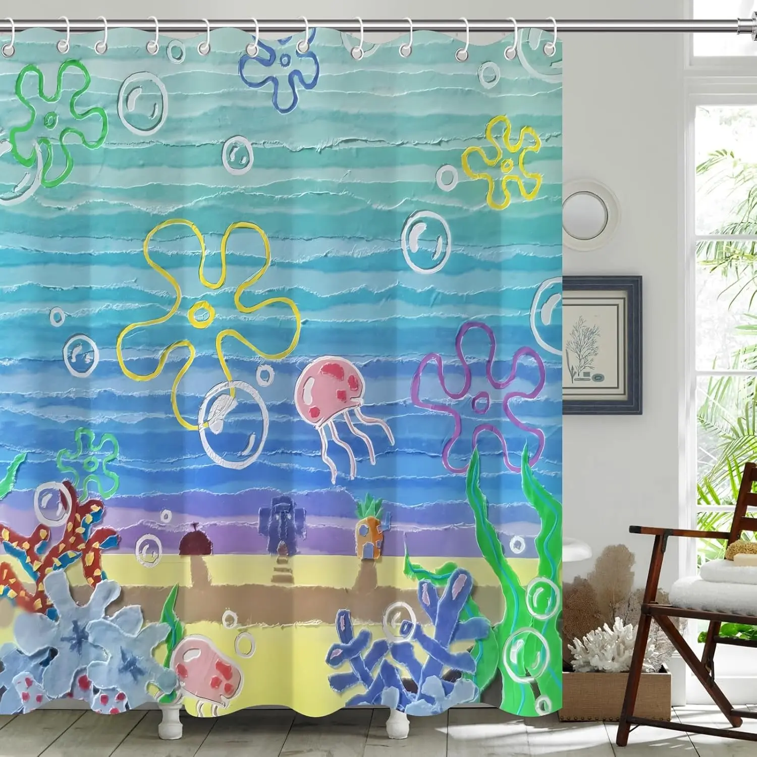 

Cute Beach Ocean Shower Curtain,Sea Ocean Anime Bathroom Curtain,Funny Cute Waterproof Fabric Shower Curtains for Bathroom