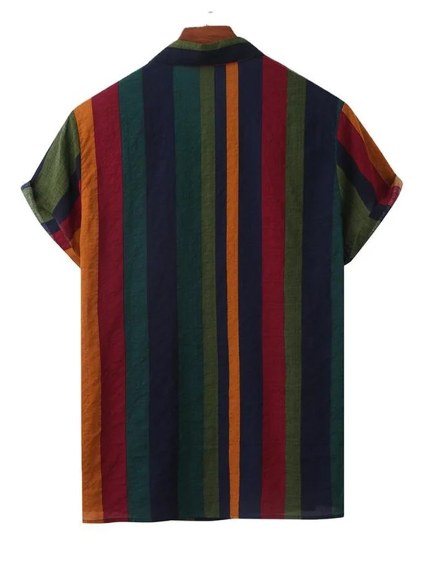 Men's Striped Shirt 2023 Summer Fashion Holiday Special Wide Fit Fleece Lined Thickened  Collar Nine Sleeve Long Shirt