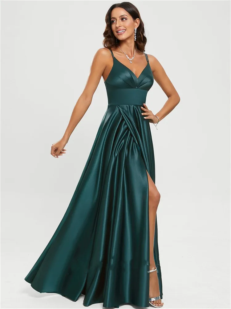 Robe de bal en Satin pour femmes, ligne a, col en v, longueur au sol, sans manches, couleur unie, Slim, élégante, pour fête