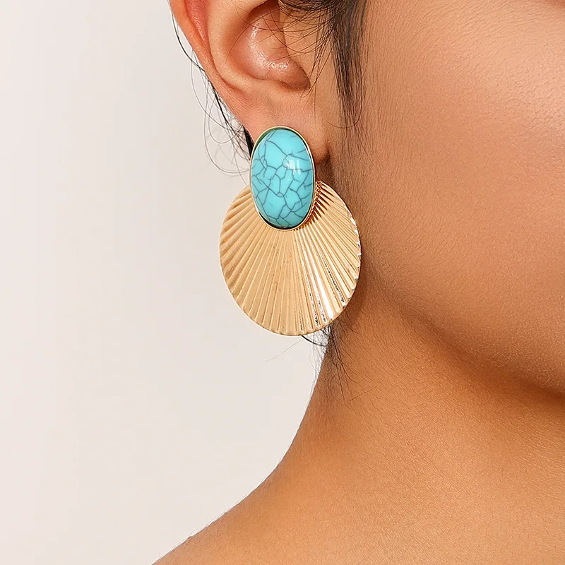 Stud Earrings For Women Turquoise Metal Disc Geometric Party Gift Holiday Fashion Jewelry Ear Accessories BE456