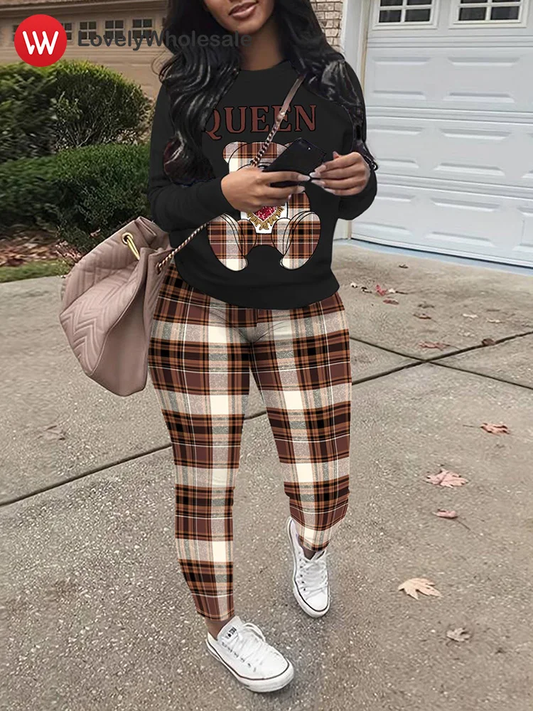 LW Women's Pant Two Pieces Set 2024 Autumn Plaid Print Pants Suit Cute Teddy Bear Queen Print Sweatshirt Casual Trousers Sets