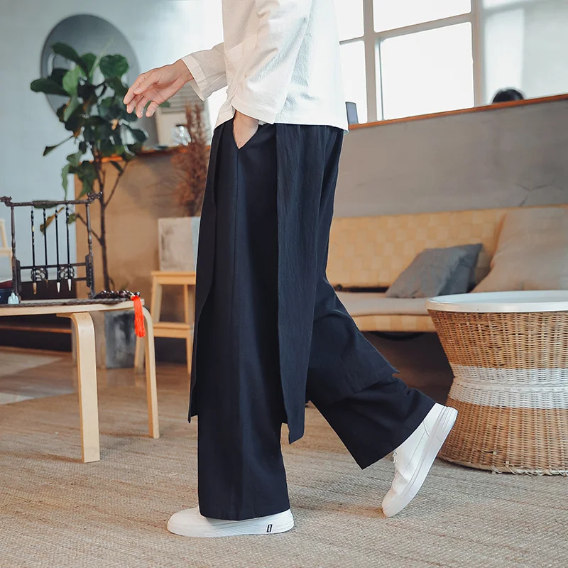 

Men Black Cotton Hakama Kung Fu Pants Men Patchwork Wide Leg Pants Male Chinese Style Grey Harem Pants Man Bottom Trousers