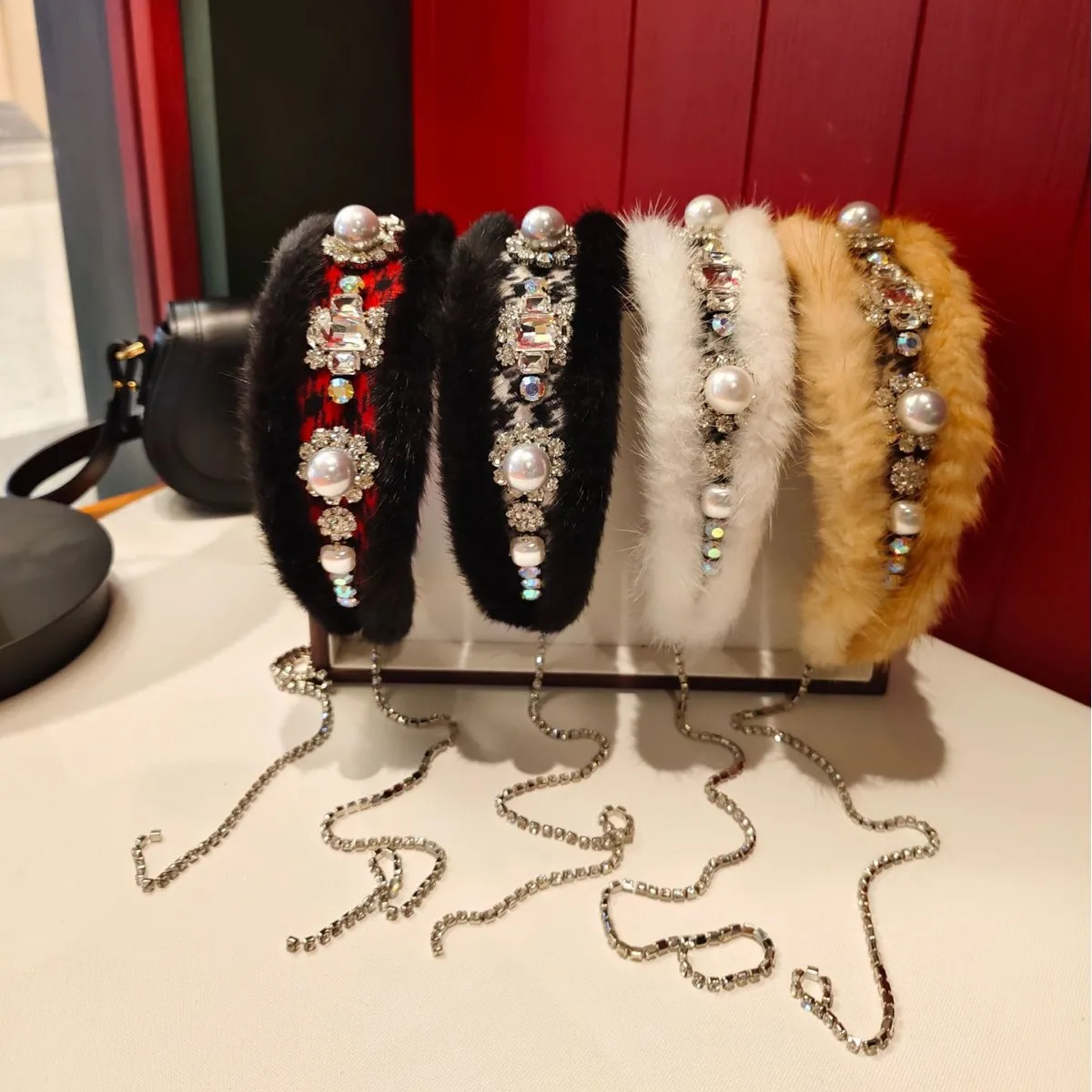 

New Winter Vintage Mink Fur Headband with Diamonds and Pearls for Women