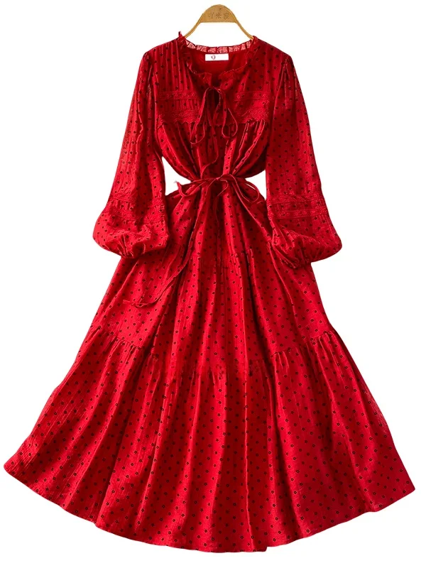 폴카 도트 레이스 긴팔 라운드넥 드레스 여성 가을 벨티드 슬리밍 플리츠 풀 A라인 스커트 출근룩 하이웨이스트
