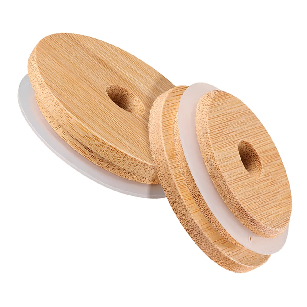 

2pcs Bamboo Jar Lids Reusable Silicone Seal Lid For Glass Canning Jars Leak Proof Cup Cover With Straw Hole