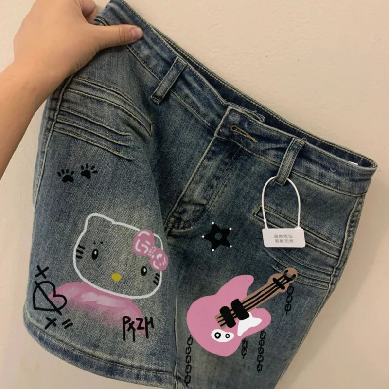 Sanrio Hello Kitty American Style Print Denim Skirt Women Niche Slim Fit Y2K Spicy Girl A-line Skirt Trend Versatile Short Skirt