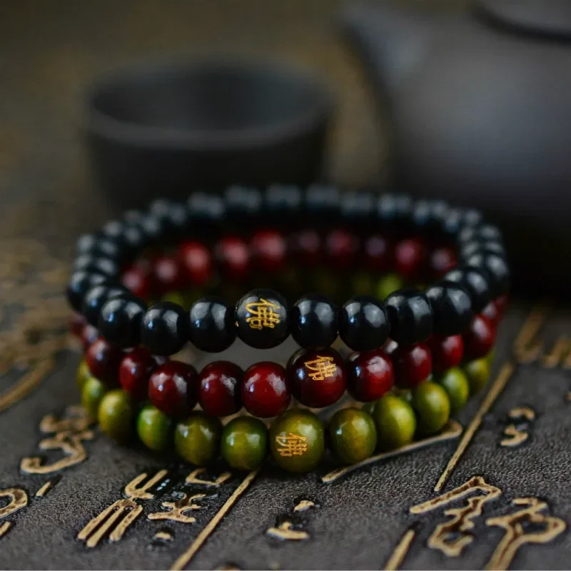 Red/Green/Black Sandalwood 8mm Carved Buddha Dumpy Buddha Bracelet bangle Handmade Classical Lucky Beaded Bracelet