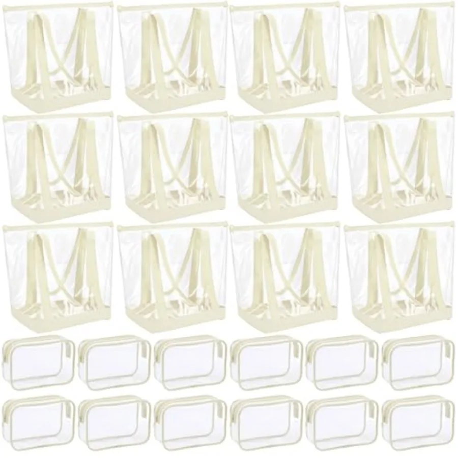 

24 Pcs Clear Tote Bags with Makeup Bags 16x13x5.5 Beach Tote Bags Bulk Waterproof for Women Team Travel Stadium Ivory