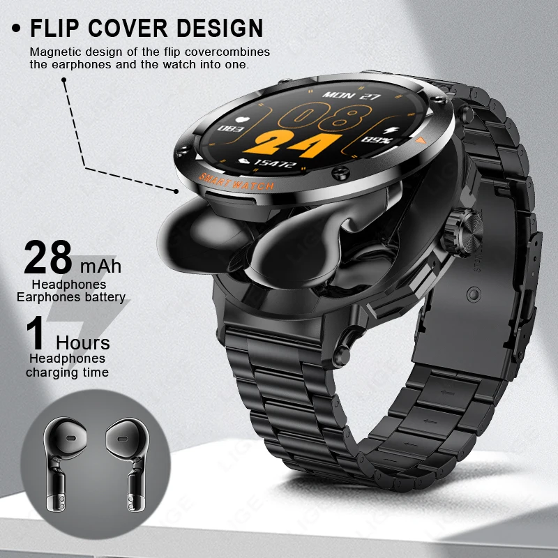 New Men's 2 In 1 Headset Smart Watch Bluetooth Call Heart Rate Health Music Headphones Watches Sport NFC Smartwatches Calculator