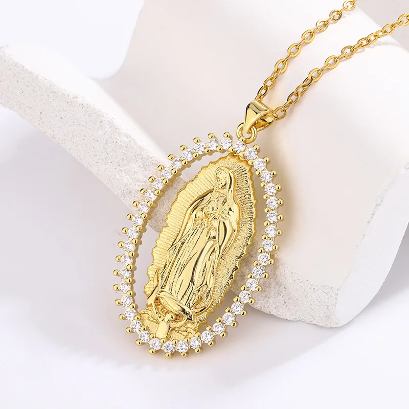 Collar con colgante de estatua de la Virgen María europea y americana chapado en oro de 18 quilates para mujer