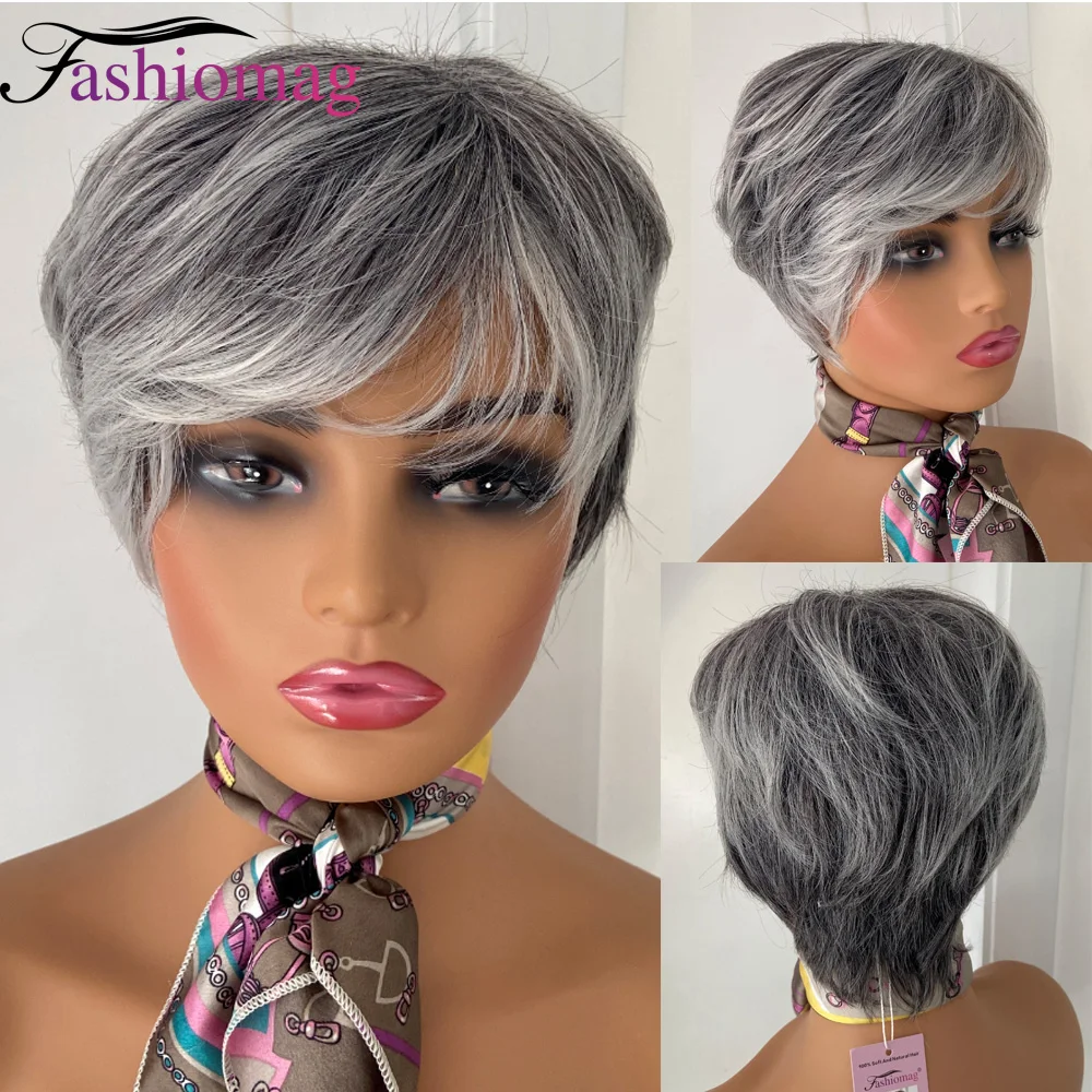 Fashiomag Short Curly Hair Wig Black Mix White Silvery Synthetic Women Soft Natural Daily Grandma Style