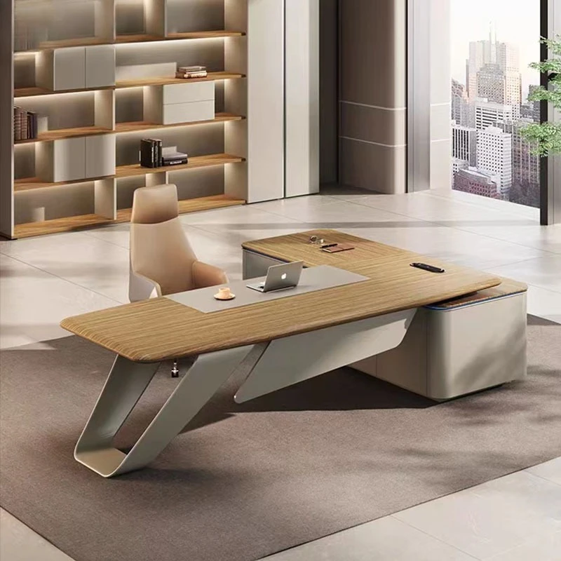 

Boss desk, solid wood desk, office furniture, table and chair combination with bookcase, office manager computer desk