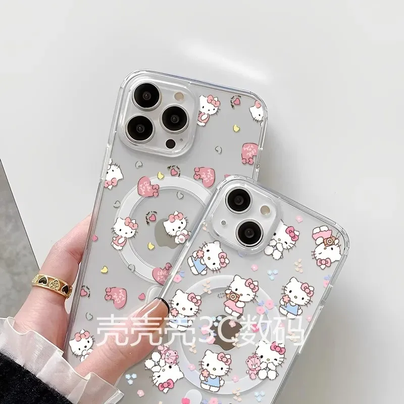 카툰 키티 화이트 자석 전화 케이스 아이폰 17 16 15 14 13 12 11 8 7 에어 플러스 프로 맥스 X XR XSMax 소프트 클리어 TPU 커버