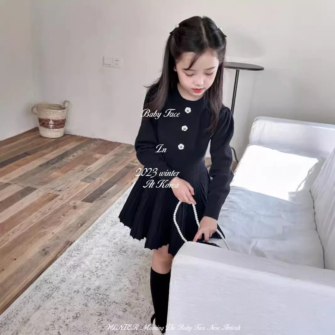 Fashion 2025 Autumn Winter New Girls Small Fragrant Style Camellia Knitted Dress Children Soft Woolen Dress
