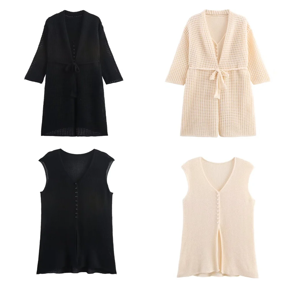 

European and American women's knitted cardigan long jacket vest skirt with belt two-piece set