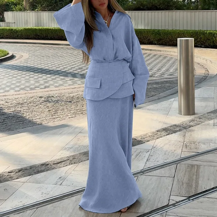 

Fashion Loose Blue 3 Piece Set Women 2026 Elegant Long Sleeve Shirt + Girdle With High Waist Maxi Skirt Set Female Clothing