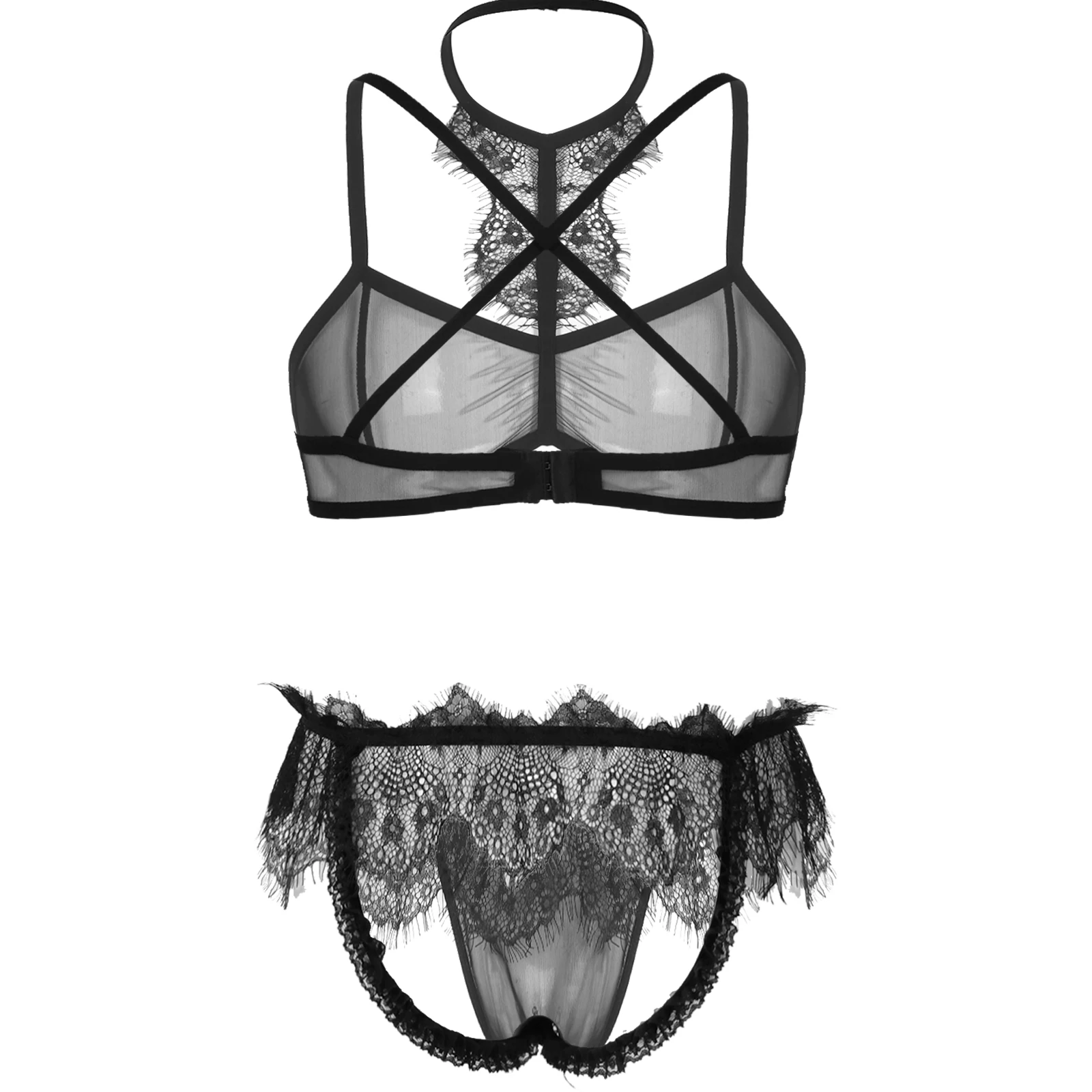 

2Pcs Mens Sissy See Through Sheer Mesh Lace Trim Lingerie Set Halter Neck Bra Top with Open Butt Jockstrap Briefs Underwear