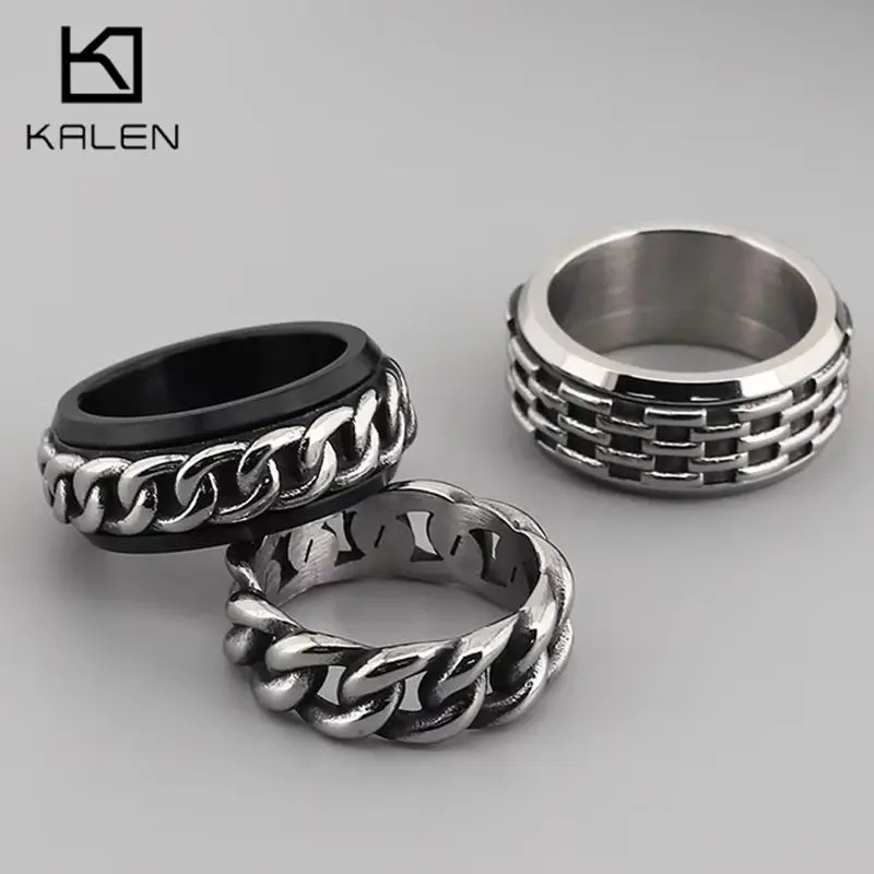 KALEN Retro Stainless Steel Men's Ring Punk Cubarn Chain Rotatable Finger Ring Decompression Beer Trendy Jewelry Anillos Gift