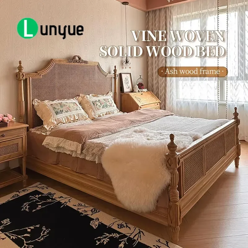 Solid Wood King Bed Frame Handmade Rustic Vintage Oak Tone Bedroom Furniture Durable Sturdy Home Decor