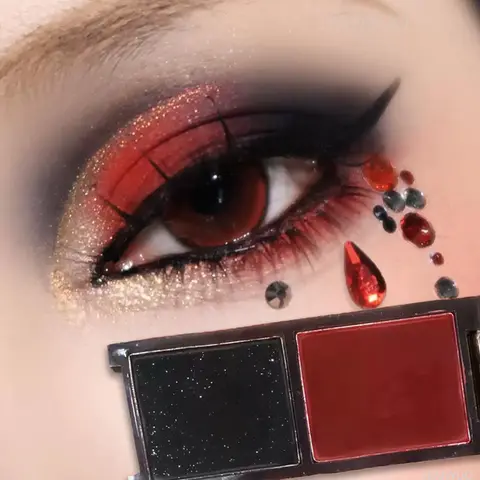 Paleta de Sombras Bicolor Preto e Vermelho, Paleta de Maquiagem Multifuncional, Delineador Vermelho Sanguíneo Matte Sedoso, Maquiagem para Sombra Inferior e Efeito Silkworm