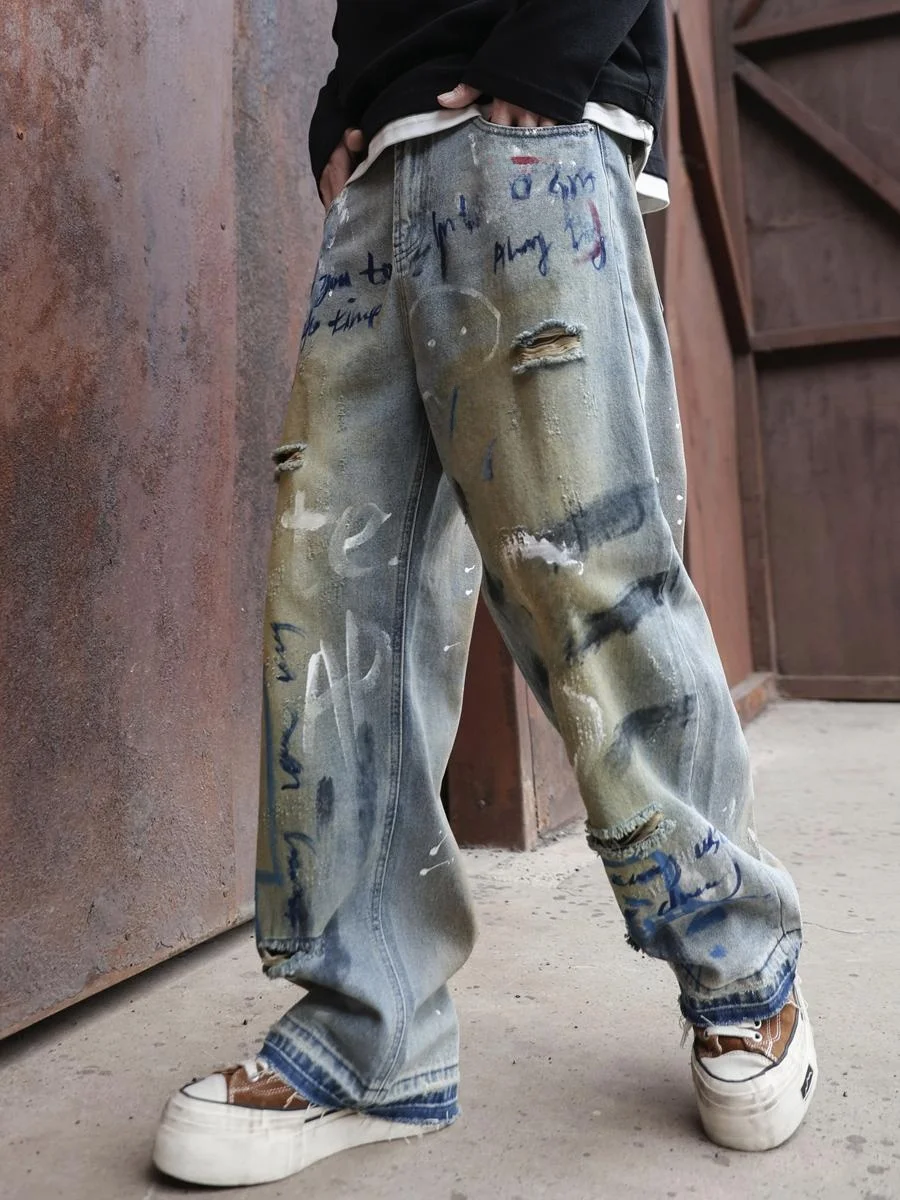 

Мужские повседневные джинсовые брюки с распылителем, свободные прямые брюки в американском стиле ретро, бренд High Street Faion, лето, весна, W...