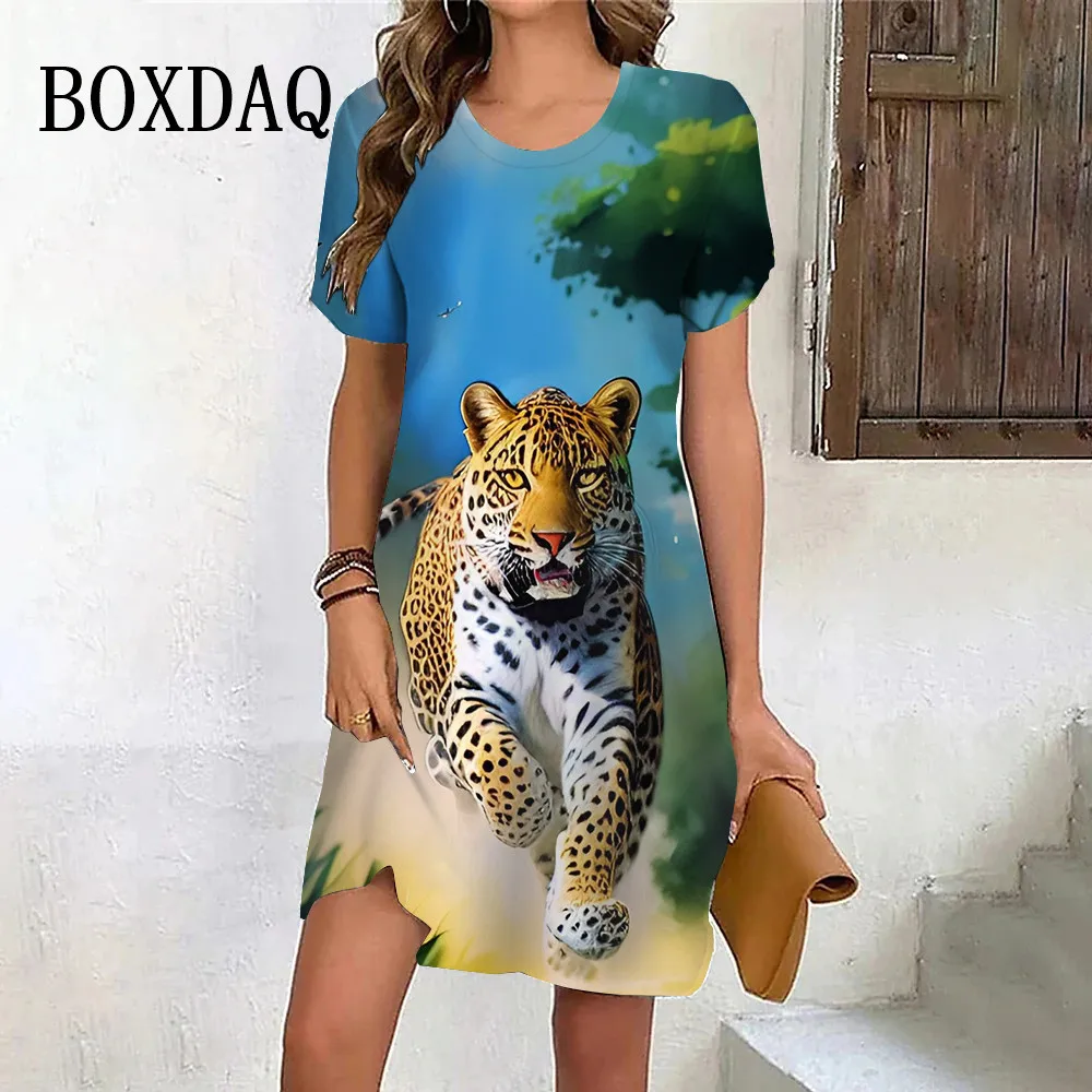 Tiger Graphic Dresses For Women Casual 3D Print Vintage Dress Female Fashion Short Sleeve Plus Size Dress 2024 Summer Clothes