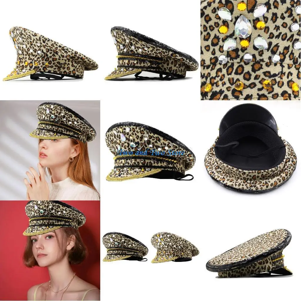 

HX6F Bejeweled Captain Hat Shimmering Crystals Hat for Disco House Cocktail Parties
