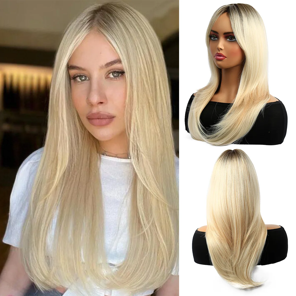 

European and American wig women gradually change blond medium and long hair layered bangs chemical fiber full headgear daily cos