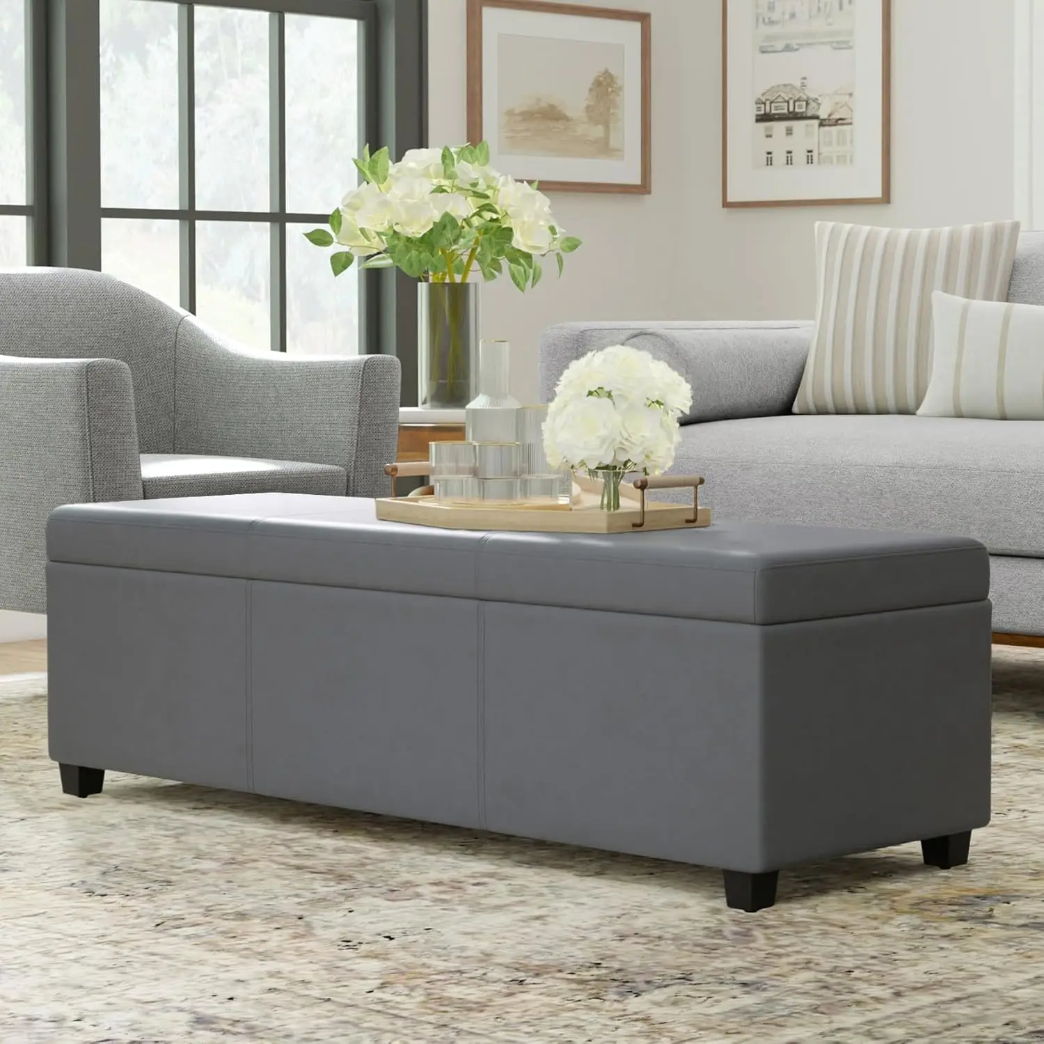 54 Inch   Rectangle  Large Storage Ottoman Bench in Stone Grey PU Faux Leather, for The L