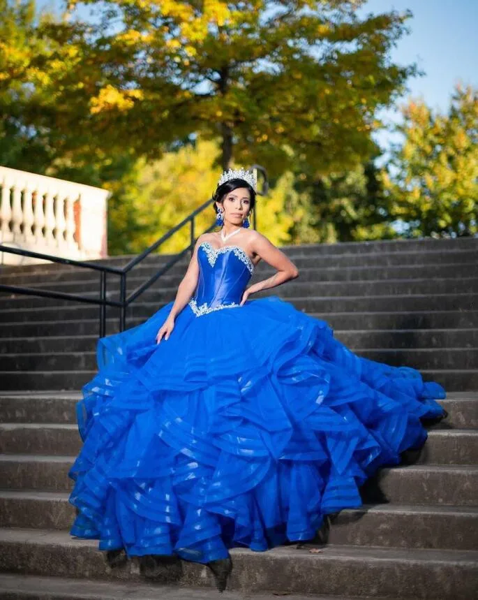 Royal Blue Ruffles Organza Quinceanera Dresses Sweetheart Crystal Beaded Lace-up Corset Prom vestidos de 15 quinceañera azul