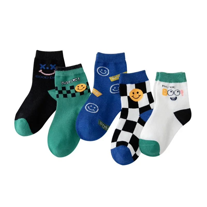 

5 Pairs/Lot Boys Girls Socks Spring Autumn Korean Fashion Cotton Medium Tube Socks Smiley Face Sports Children Socks 1-12Y