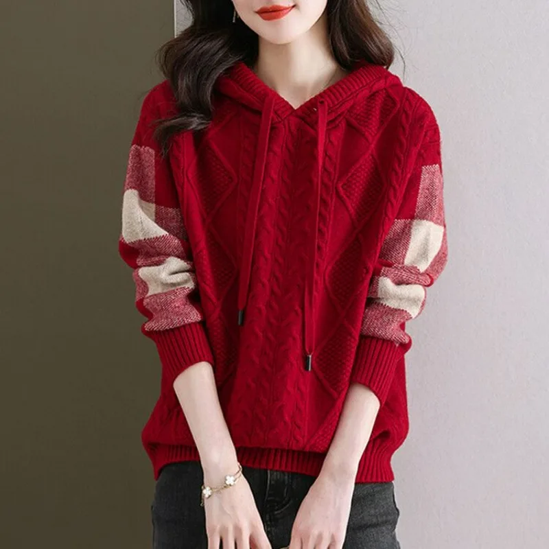 

Women's Thick Knitted Hooded Pullover, Loose and Lazy Style, Casual Sweater, Versatile Top, Korean Version, Autumn and Winter