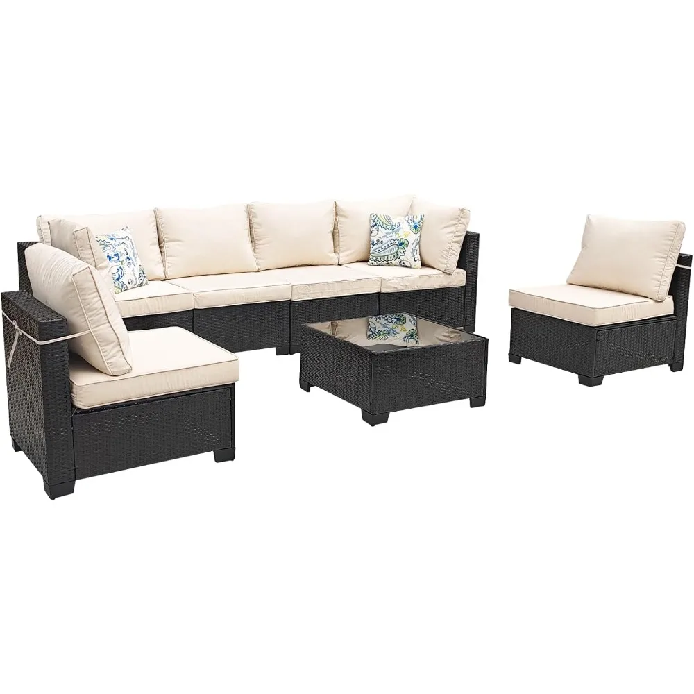 7 Pieces Outdoor Rattan Wicker Patio Conversation Set with Coffee Table, Armless Sofa, and Corner Sofa, Cushions Included