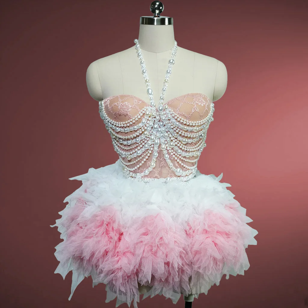 

Pearl Crystal Drag Queen Sexy Top Skirt Cabaret Set Siren Backless Stage Burlesque Gear Nightclub Celebration Performer Outfit​