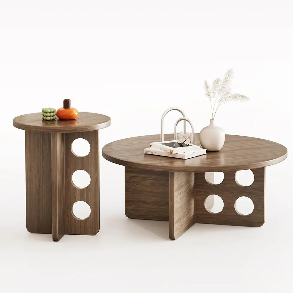 

2-Piece Nesting Coffee Table Set, 31.5 Wooden Side Tables for Small Spaces, Brown Grain Top with Adjustable Non-Slip Feet, Ideal