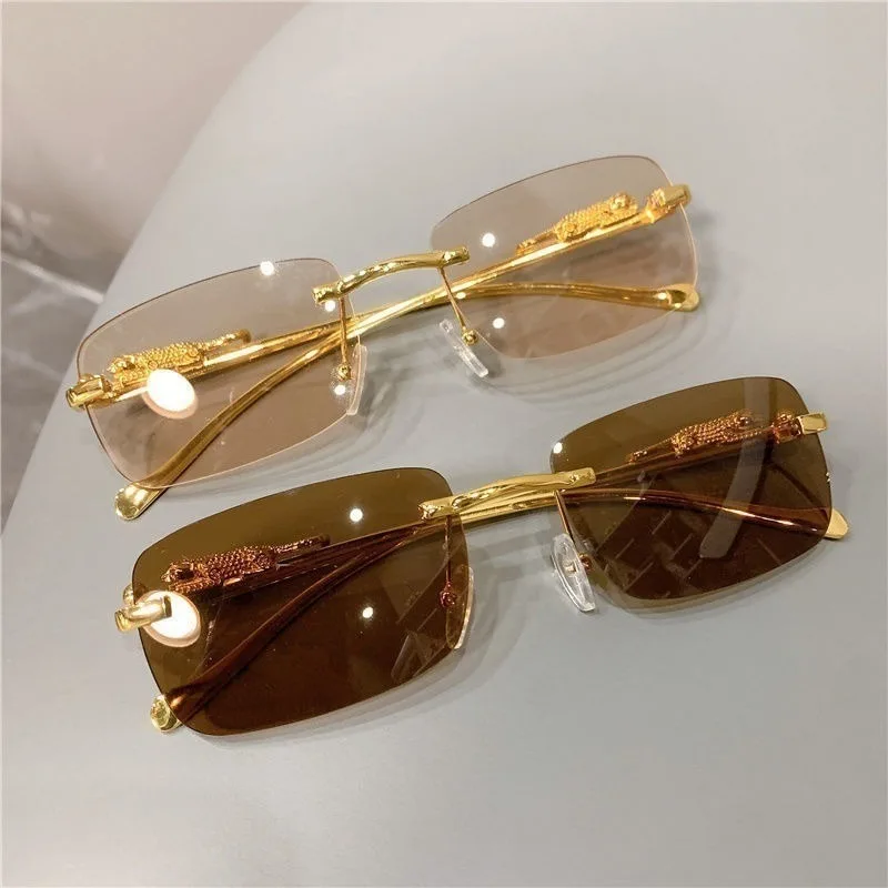 Retro Korean Sunglasses Seaside Cheetah Decorative Frameless Glasses Anti UV400 Gradient Cut Lens Elegant