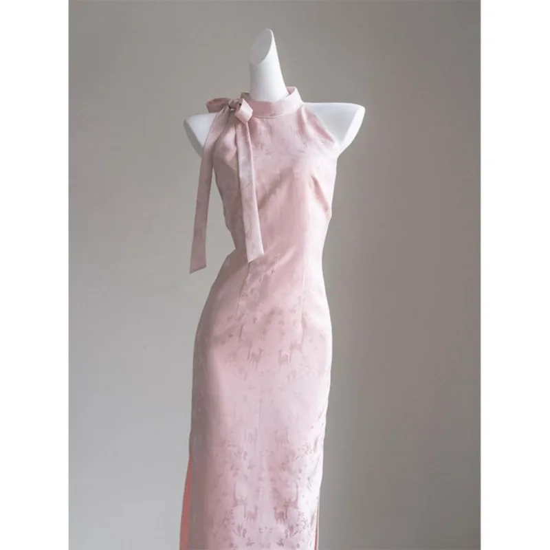 

New Chinese style, high-class temperament, pink printed cheongsam dress, children