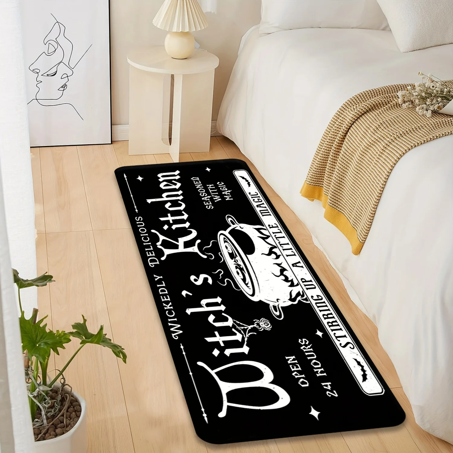 Black White Witch Kitchen Cauldron Runner Mat Anti Slip Magic Slogan Bat Spider Print Carpet for Kitchen Hall Bathroom Room