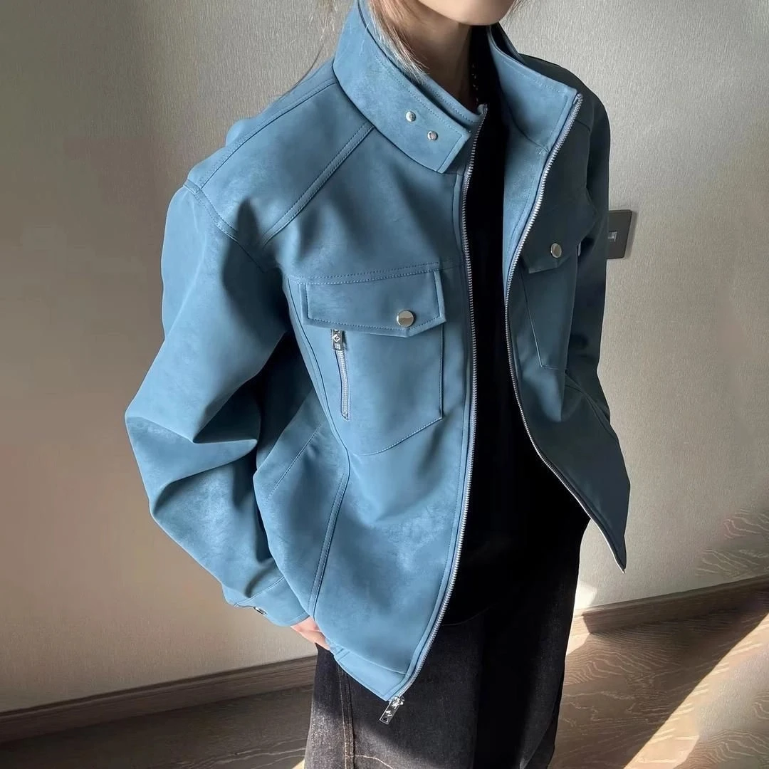 

Укороченная весенняя куртка с воротником-стойкой, длинными рукавами, универсальная, модная, в стиле ретро, повседневная, свободного кроя, на молнии, кардиган