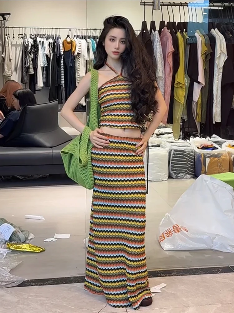 

Spicy girl contrasting striped fashionable retro slimming hanging neck vest high waist half skirt temperament two-piece set
